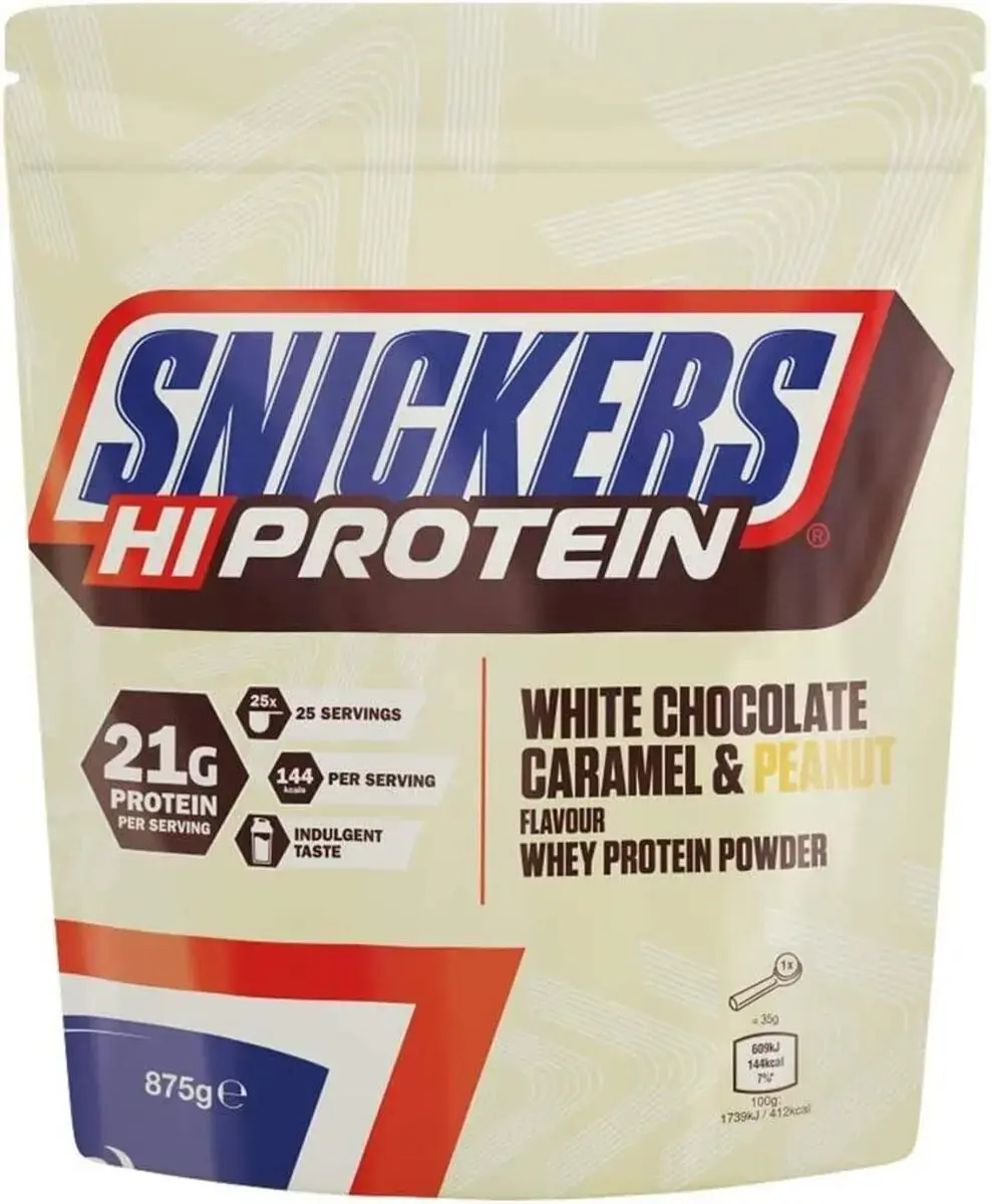 Snickers White Protein Powder 875g/455g - White Chocolate, Caramel & Peanut Snickers White Protein Powder 875g/455g - White Chocolate, Caramel & Peanut